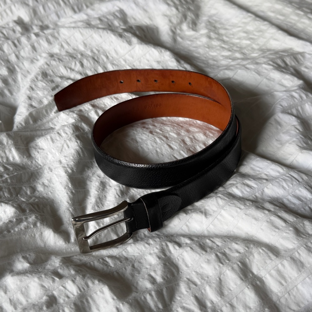 Canali Made In Italy Black Real Leather Belt Silver Buckle